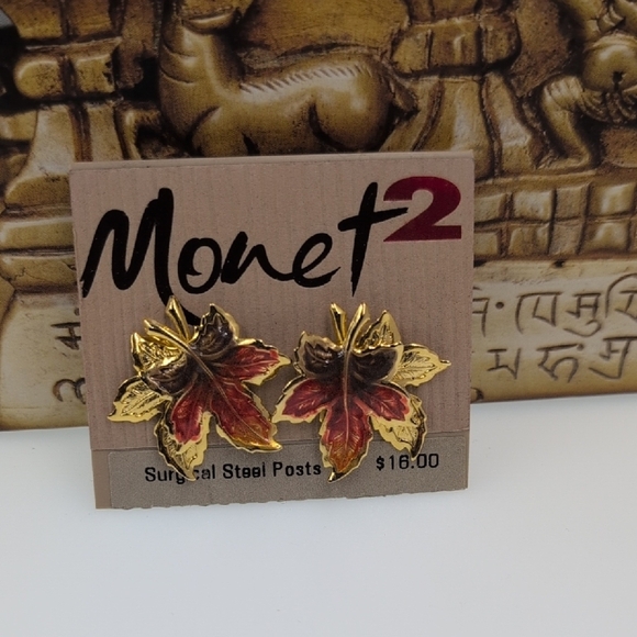 Monet Gold and Multicolor Leaf Earrings - Picture 1 of 5